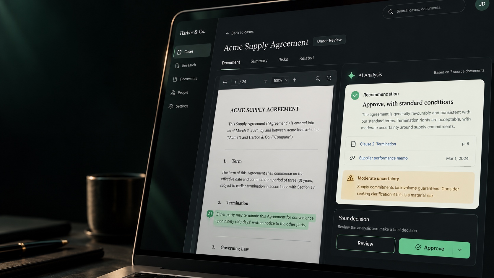 A product review interface linking an AI recommendation to evidence and a separate human approval decision