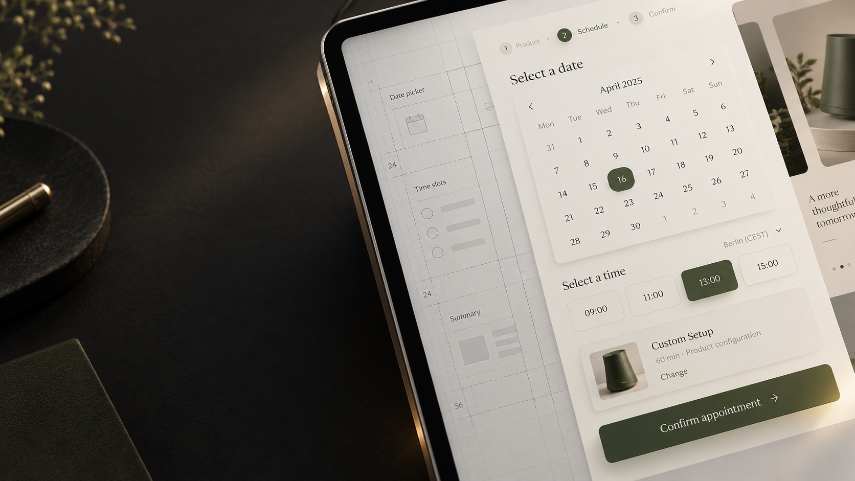 An interface developing from precise wireframe components into a finished appointment flow