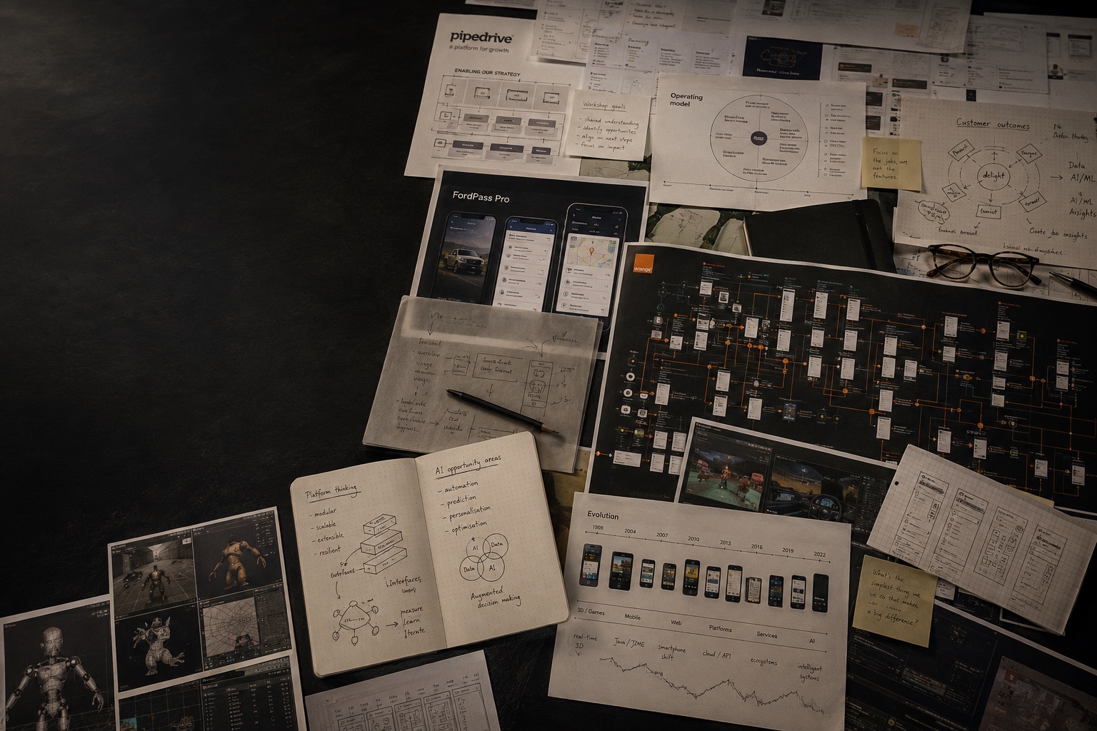 A design workbench with product screens, sketches and journey maps