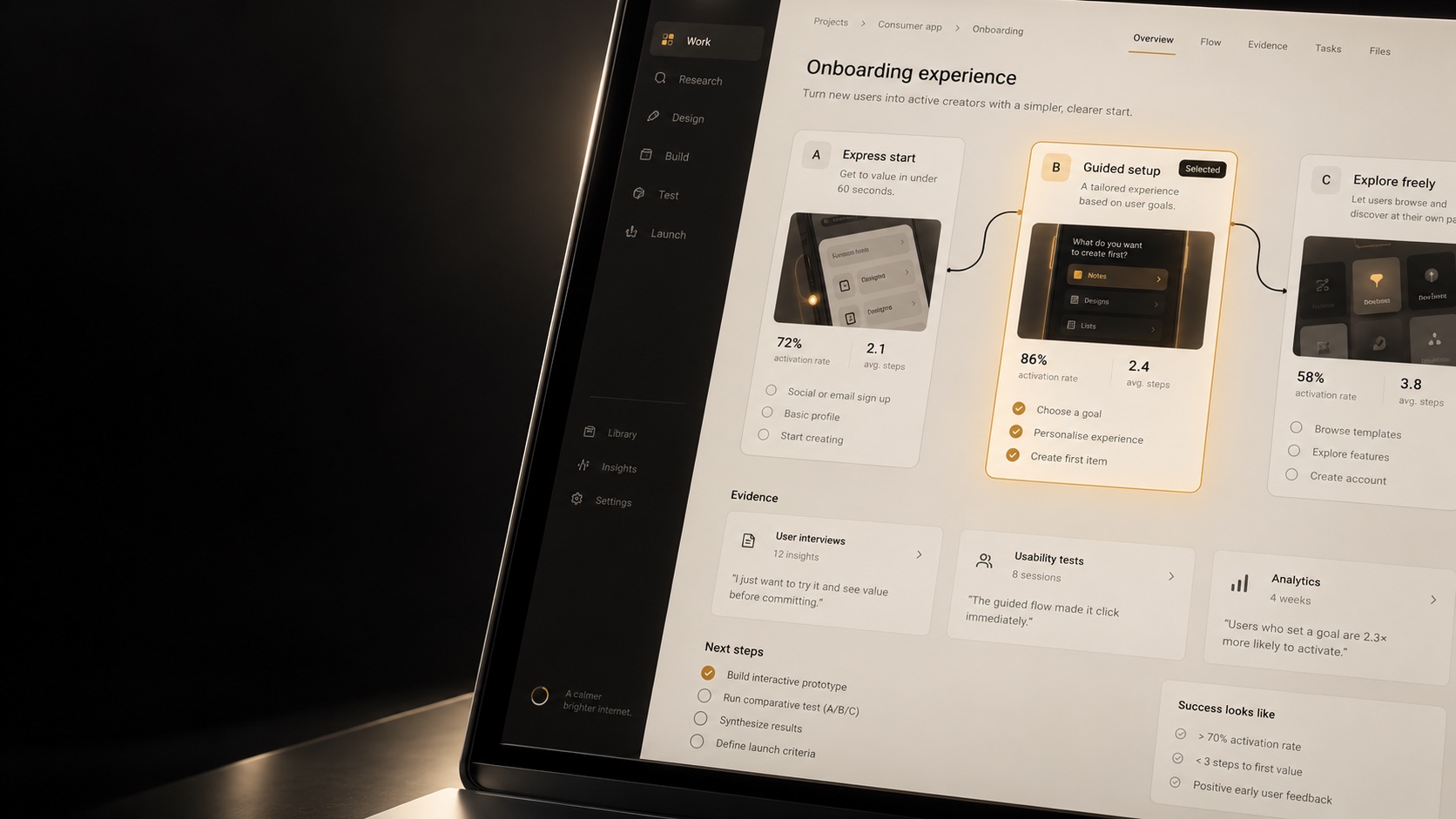 A close view of an onboarding product workflow comparing routes and evidence