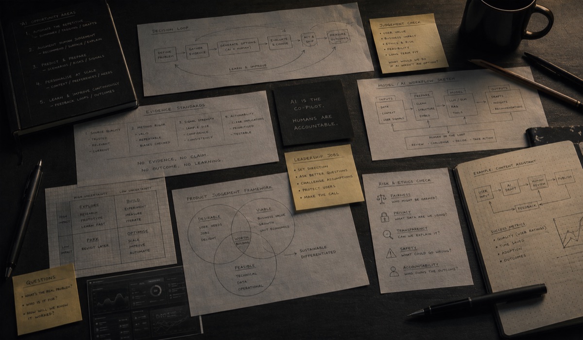 AI workflow sketches, evidence standards and product judgement notes