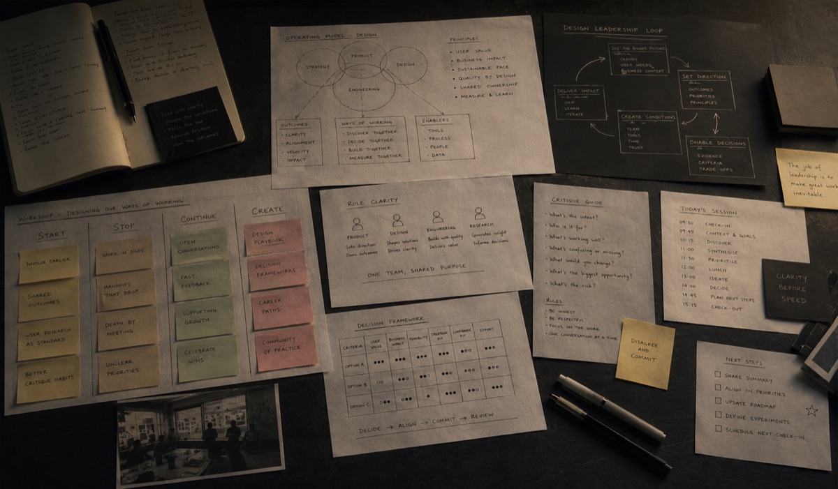 Workshop notes, leadership diagrams and decision frameworks arranged on paper