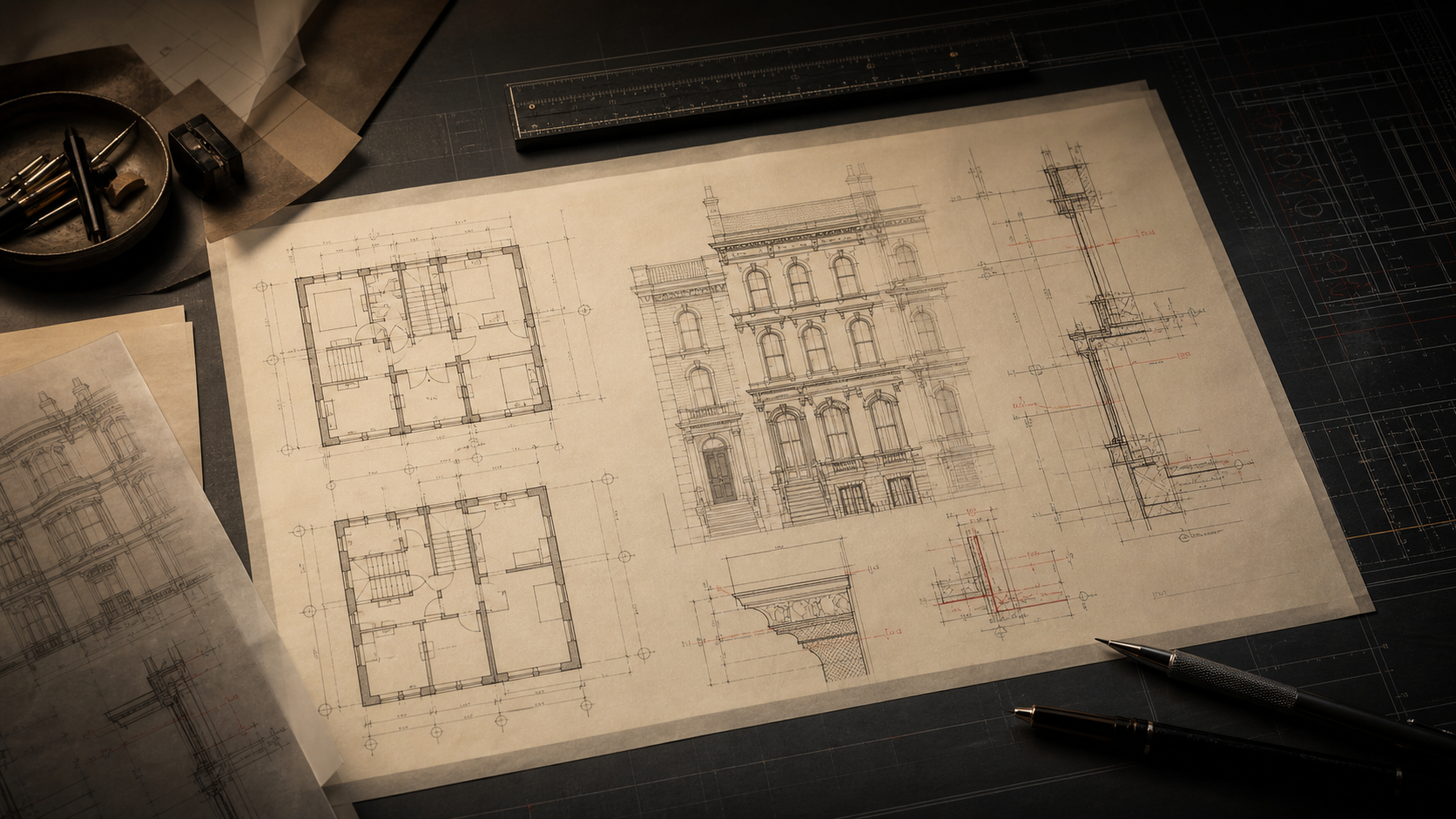 Architectural AutoCAD plan, elevation and detail drawings on a dark drafting table